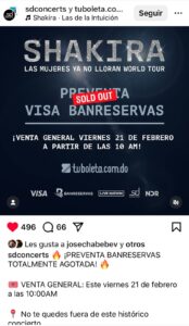 Se agota la preventa para concierto de Shakira en RD