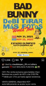 Se agotan entradas para concierto de Bad Bunny en RD; abren nueva función 